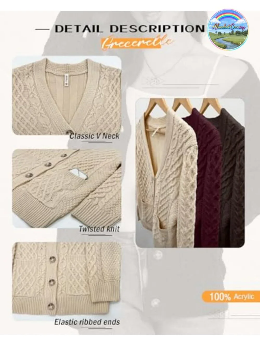 Cable Knit Chunky Cardigan Sweater with Pockets Button V-Neck